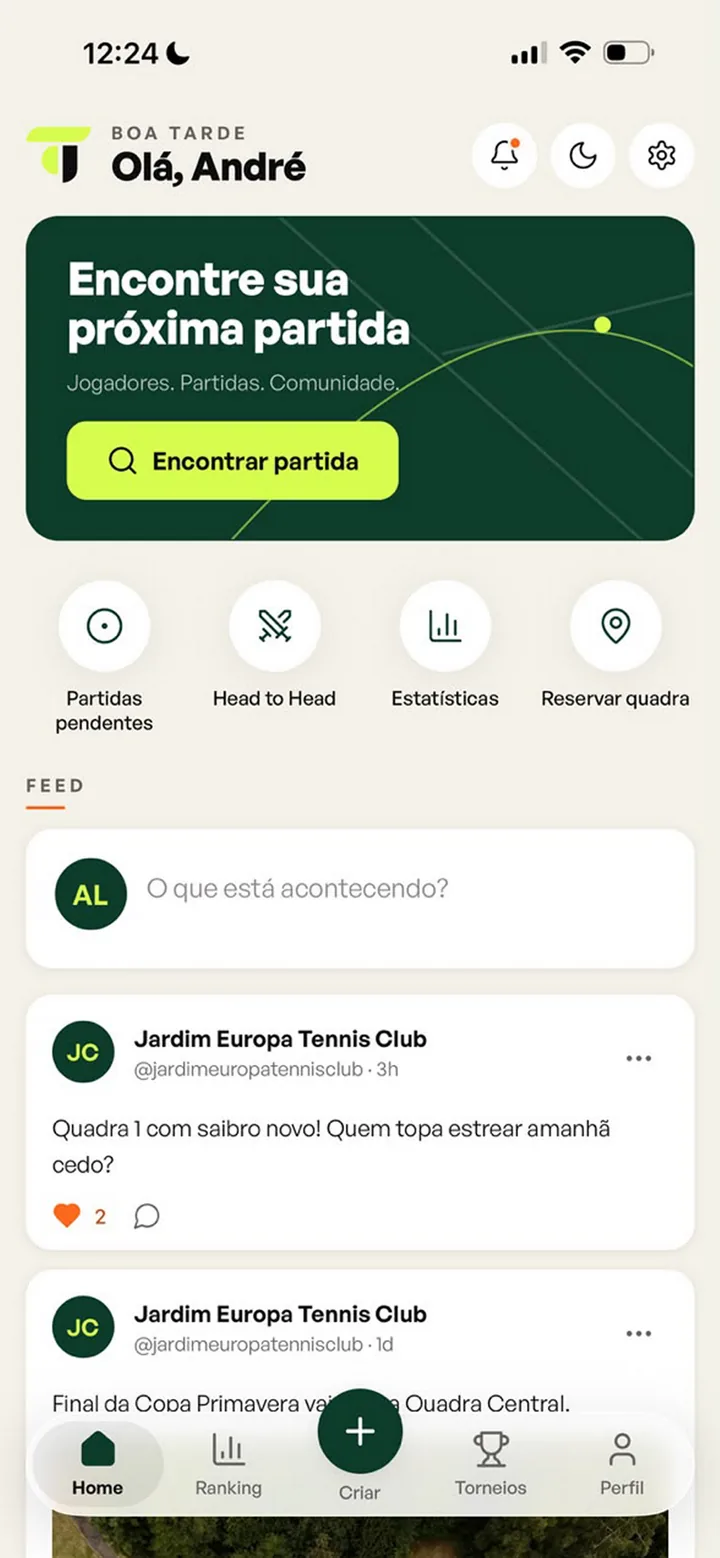 Home with match finder, shortcuts and club feed